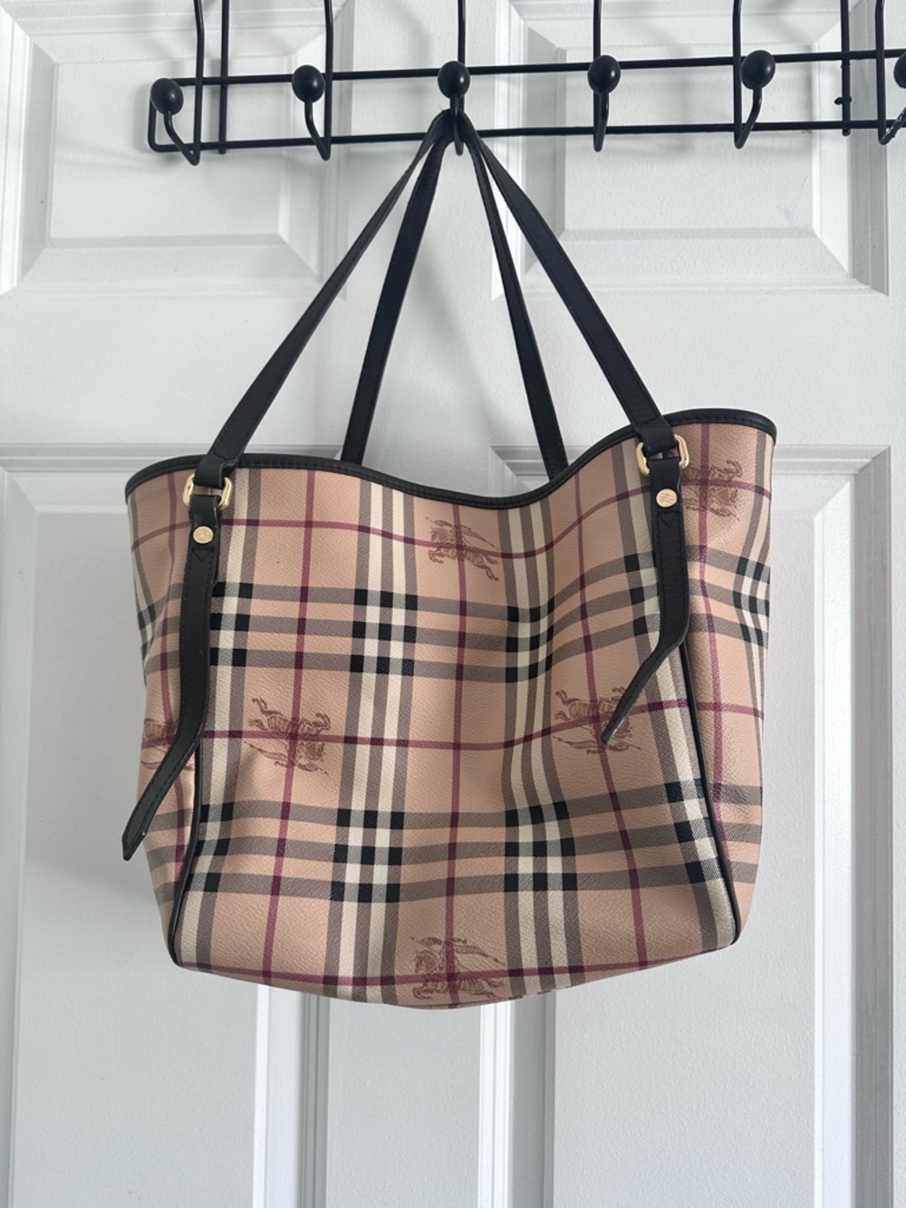 Burberry Canterbury Tan Check Tote with lack Trim and Gold Accents